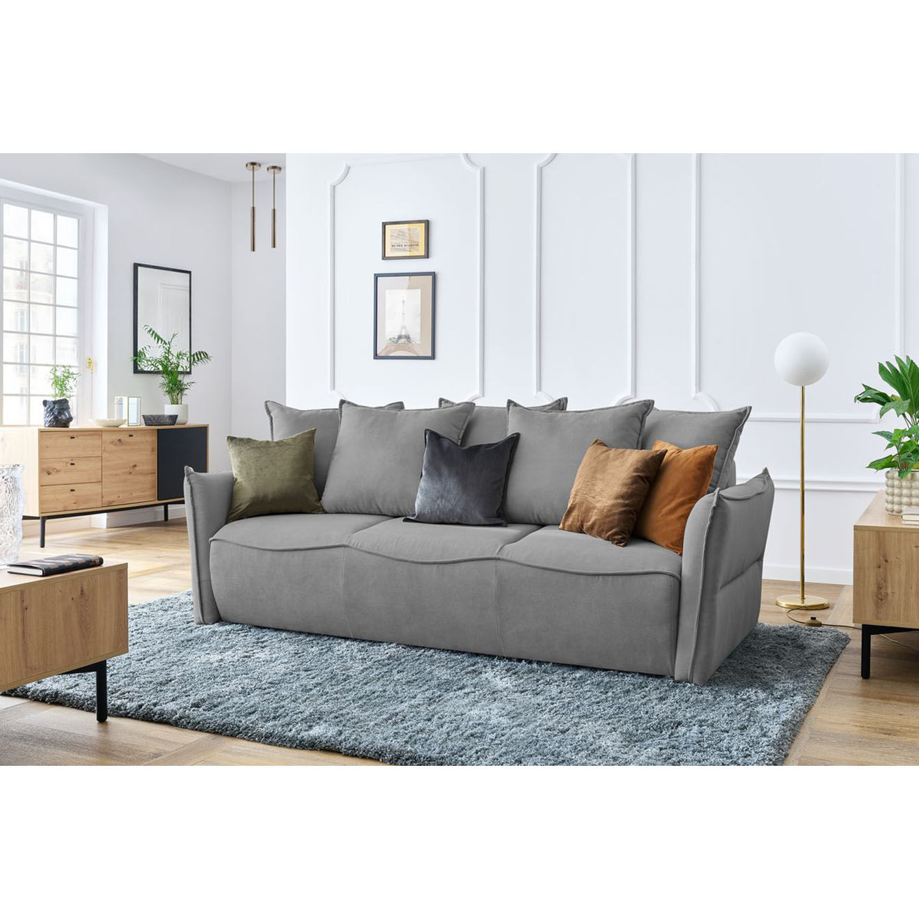 Bobochic Canapé 3 places convertible coffre Bouclette Leon gris clair - 226x97x90 cm