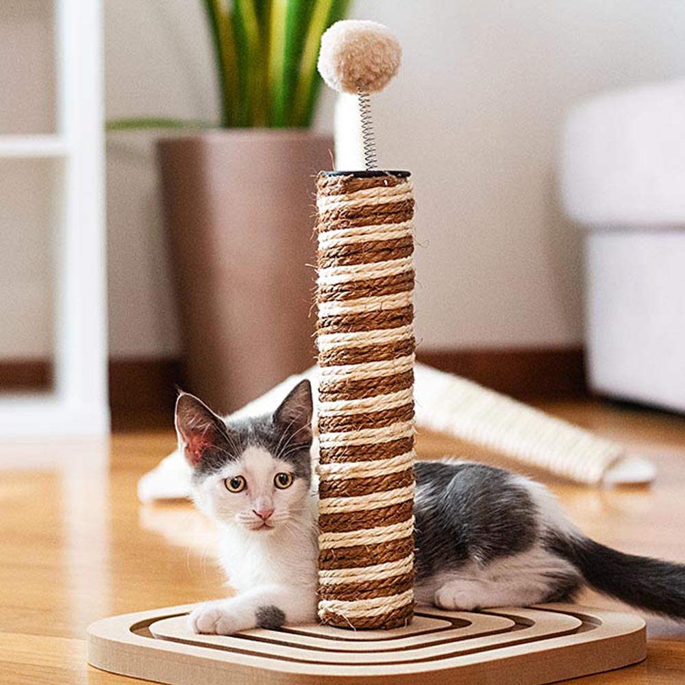 Griffoir à colonne pour chats pa 4001 en sisal avec socle en bois, balles incluses
