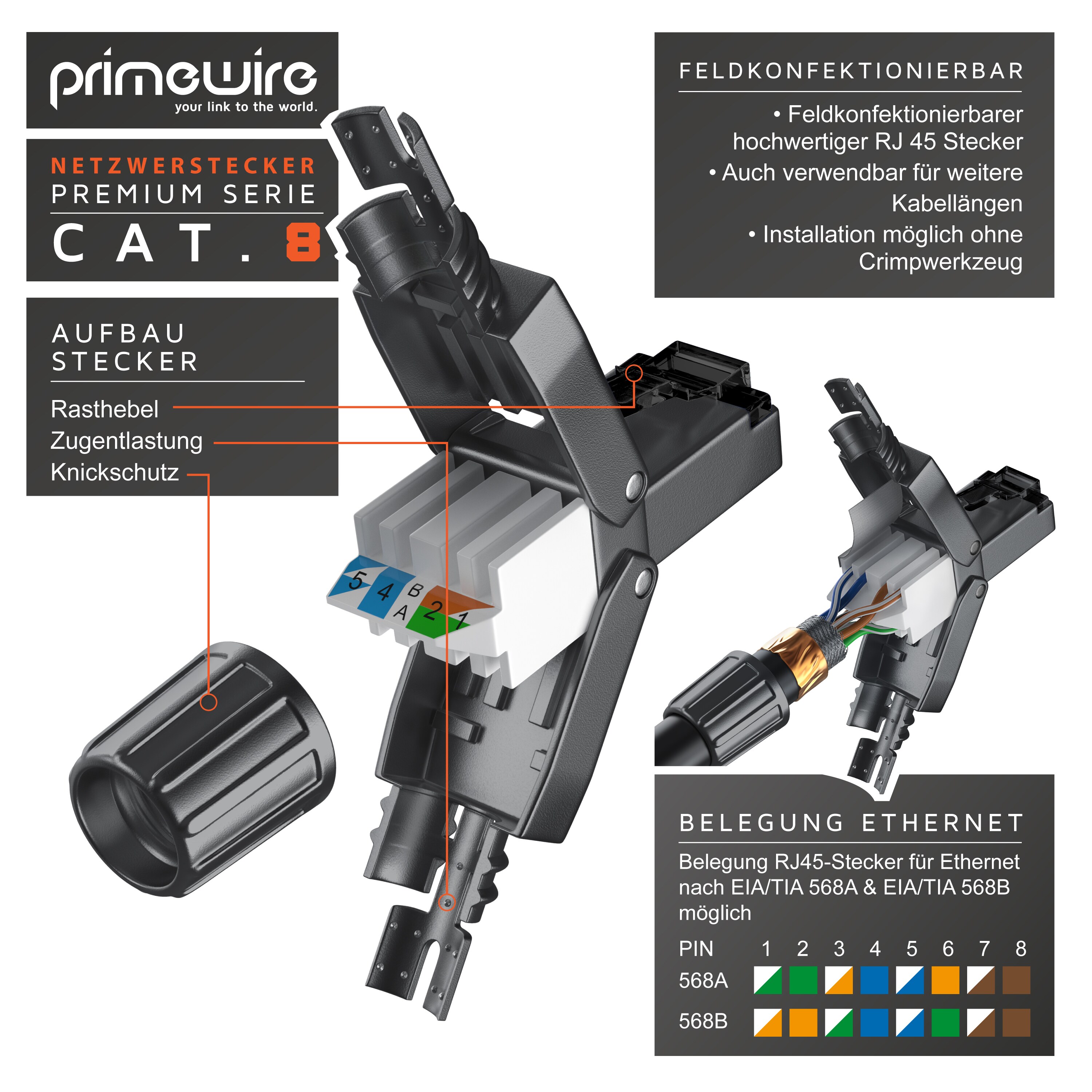 Primewire 8x Netzwerk-Adapter RJ-45 (Ethernet) zu Netzwerkkabel, Netzwerkstecker RJ45 CAT 8 - Gigabit Ethernet LAN Kabel - 40 Gbit/s, schwarz