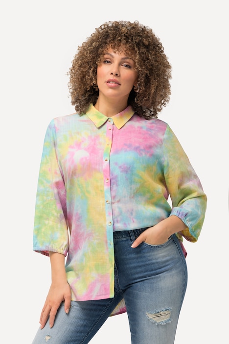 Leinenmix-Bluse, Batik-Druck, Hemdkragen, 3/4-Arm