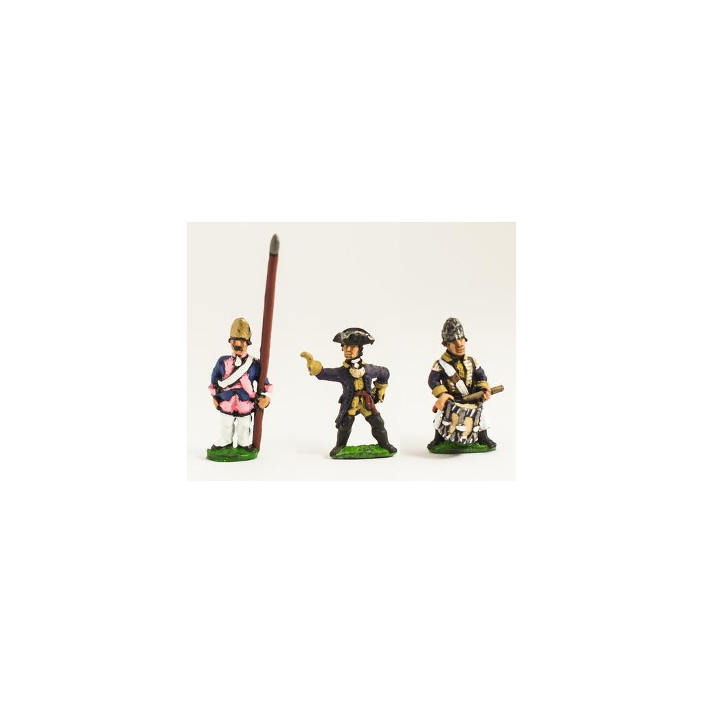 Seven Years War Prussian: Command: Fusilier Officer, Standard Bearer (bare flag pole only - no cast flag) & Drummer