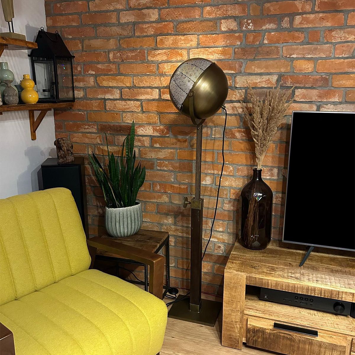 Industriële vloerlamp brons met hout verstelbaar - Haicha