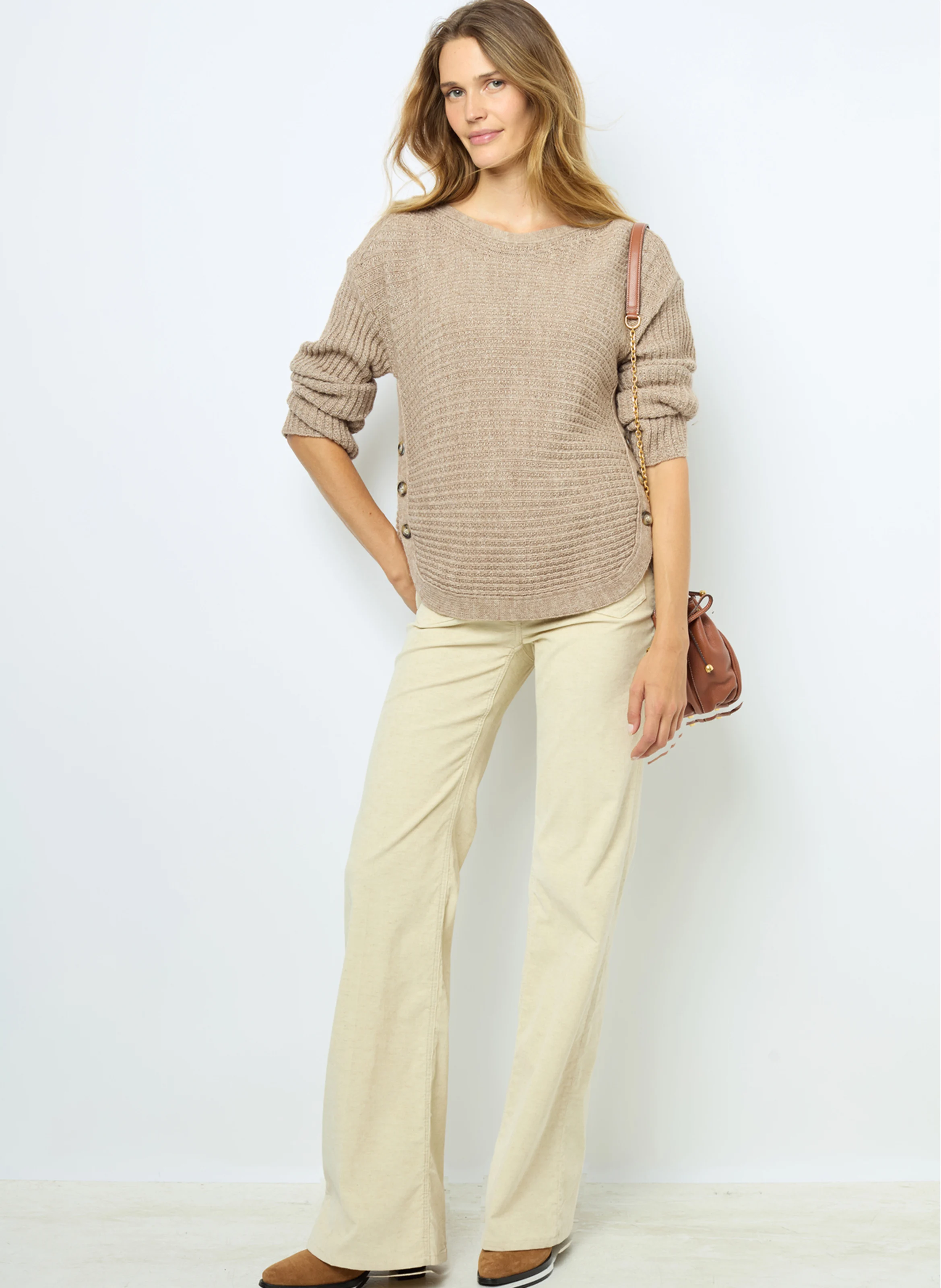 JOLINE - Pull col bateau droit en maille | Beige