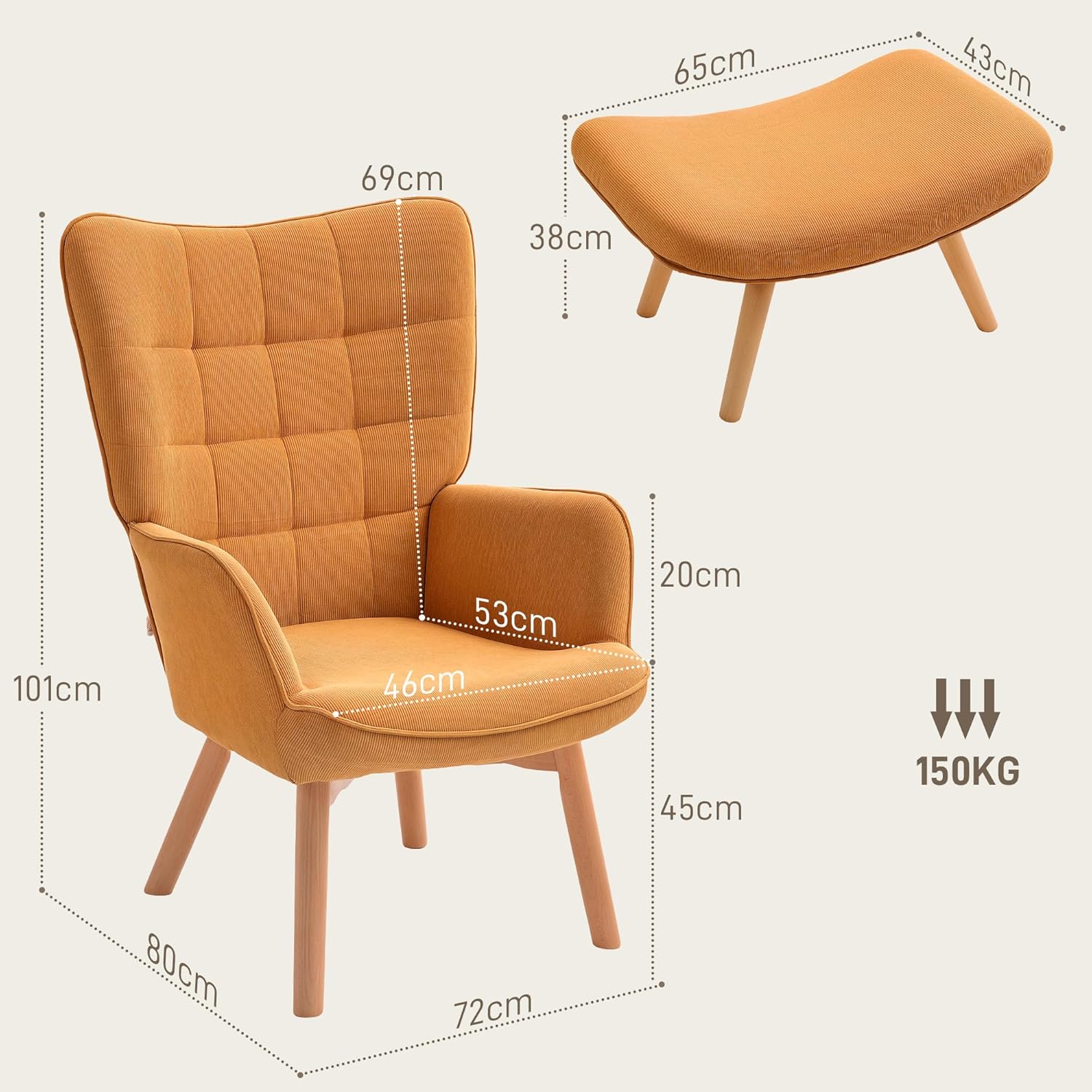 HOMCOM Ohrensessel mit Hocker Sessel Loungesessel mit Cord-Optik, Modern Relaxsessel, Armlehnensessel Lesesessel für Wohnzimmer, Schlafzimmer, Braun