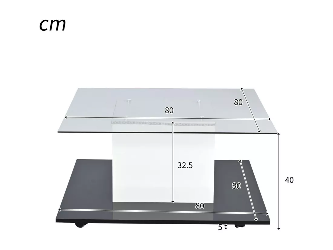 Table basse carré pivotante - avec LED réglables et roulettes frein - verre et panneau de particule - Blanc et Noir - 80x80x40cm