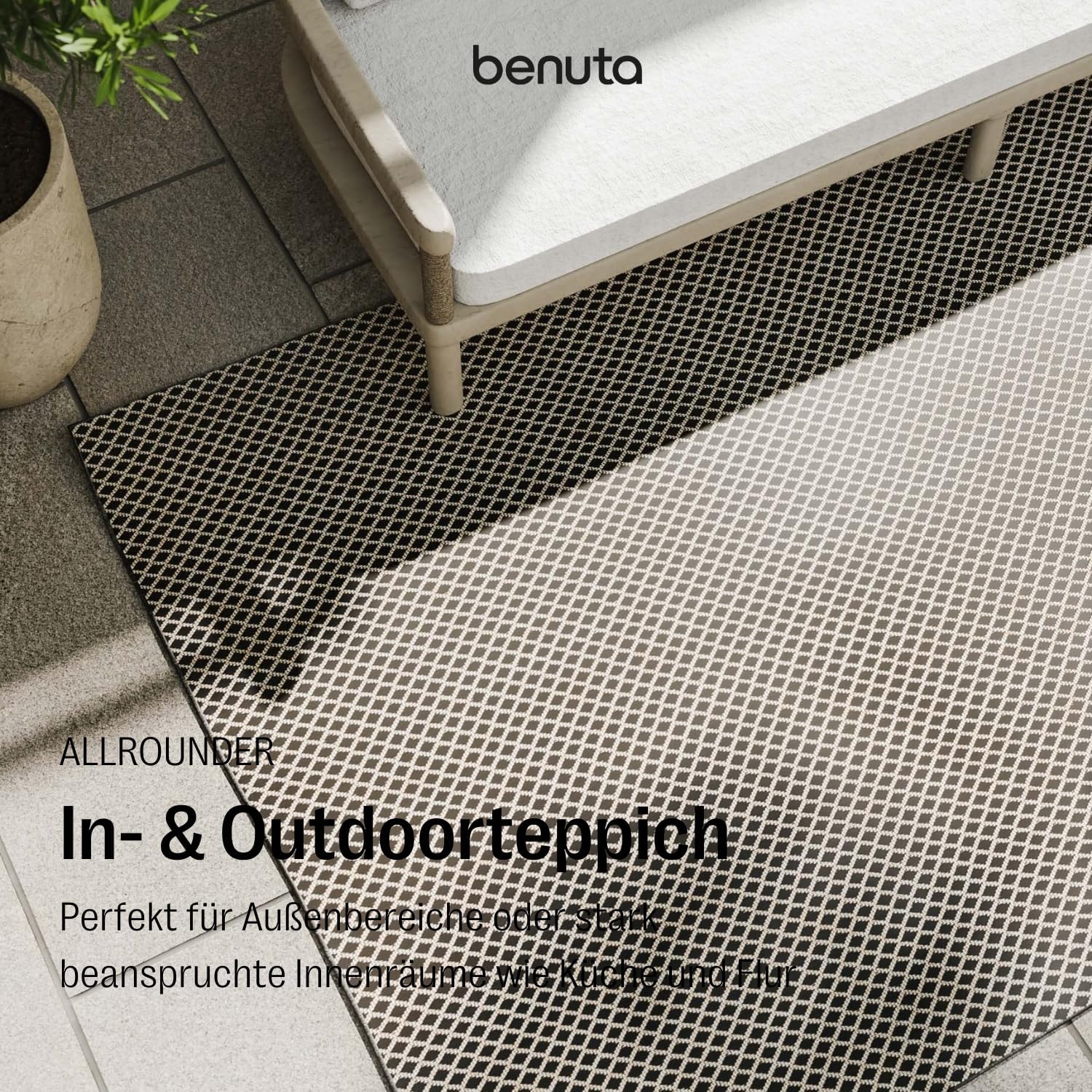 benuta Basic In- & Outdoor Teppich Lou - Schwarz 140x200 cm - Wetterfest & UV-beständig - Multifunktional für Balkon, Terrasse, Garten - Küchenteppich & Wohnzimmerteppich - Pflegeleicht Robust
