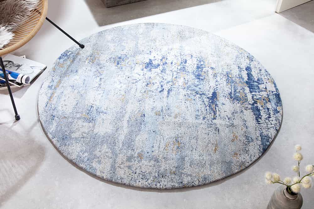 Vintage Teppich MODERN ART 150cm blau verwaschen rund Used Look