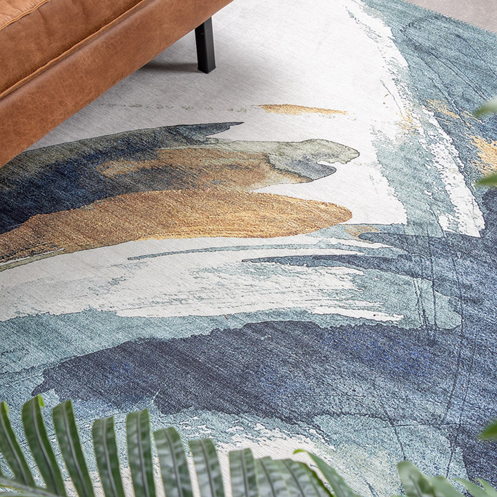 Modern vloerkleed - Strong Brush Blauw/Geel | Stijlvol