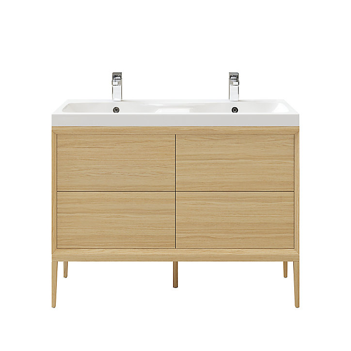Meuble sous vasque GoodHome Avela placage chêne 120 cm + plan double vasque en résine blanc GoodHome Mila 120 cm + pieds