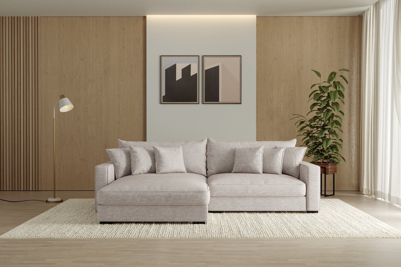 Rossi Lux 2-seter med XL sjeselong venstre Tekstil Beatto 1027 Lys Grå, arm B med sorte ben. Lux Komfort.