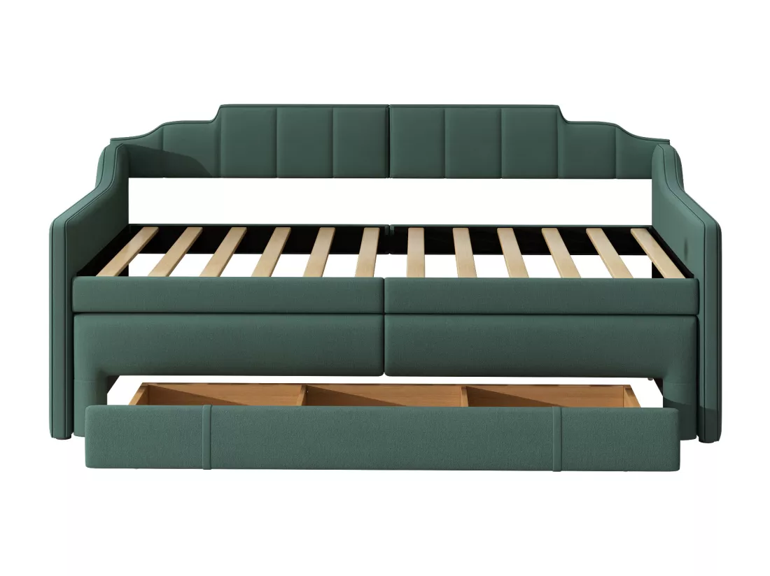 Lit gigogne mobile avec 3 tiroirs - 90 x 200 cm + 90 x 190 cm - lin et MDF - coloris vert