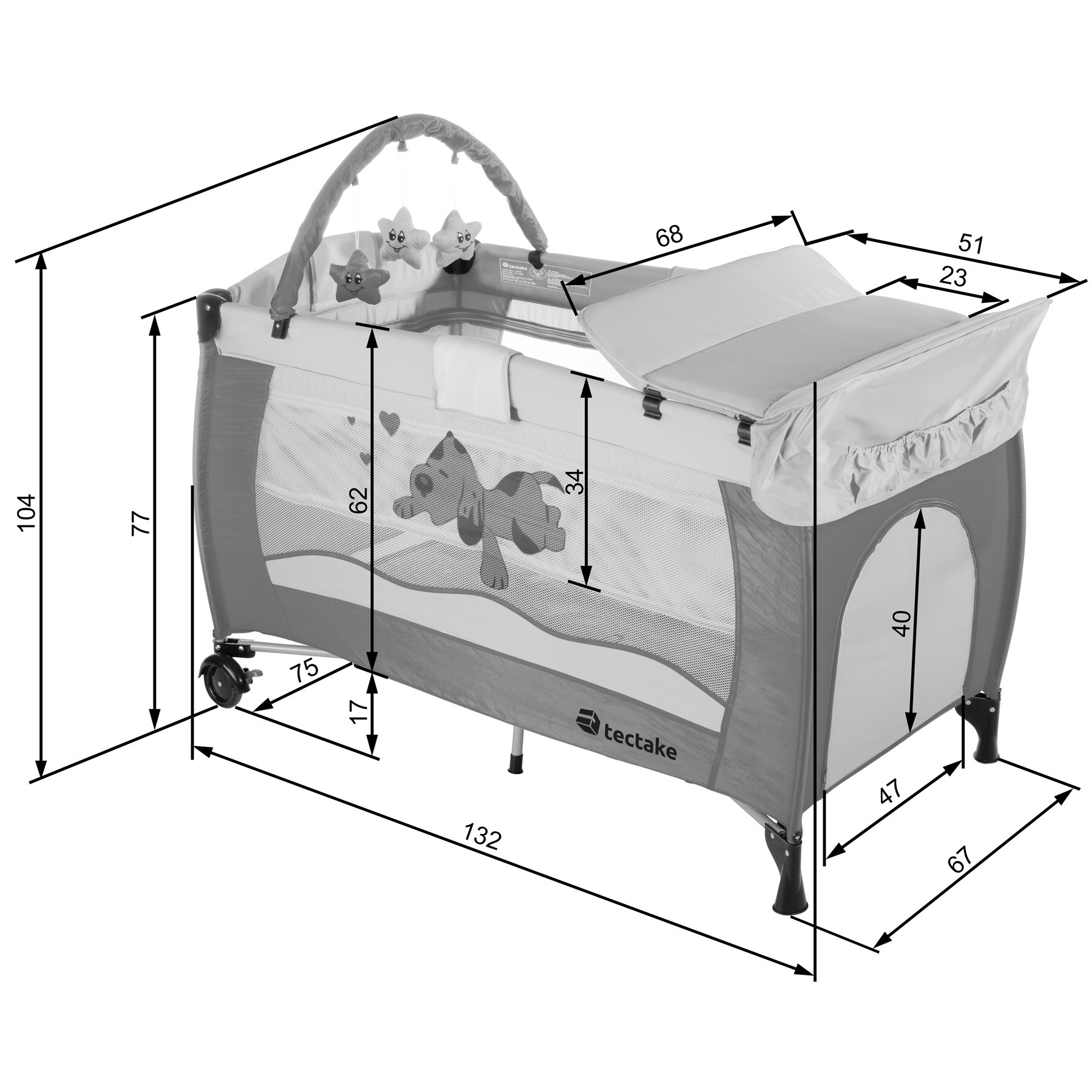 tectake® Kinder Reisebett, klappbar und höhenverstellbar, 2 Rollen mit Bremsen, inklusive Tragetasche, 132 x 75 x 104 cm
