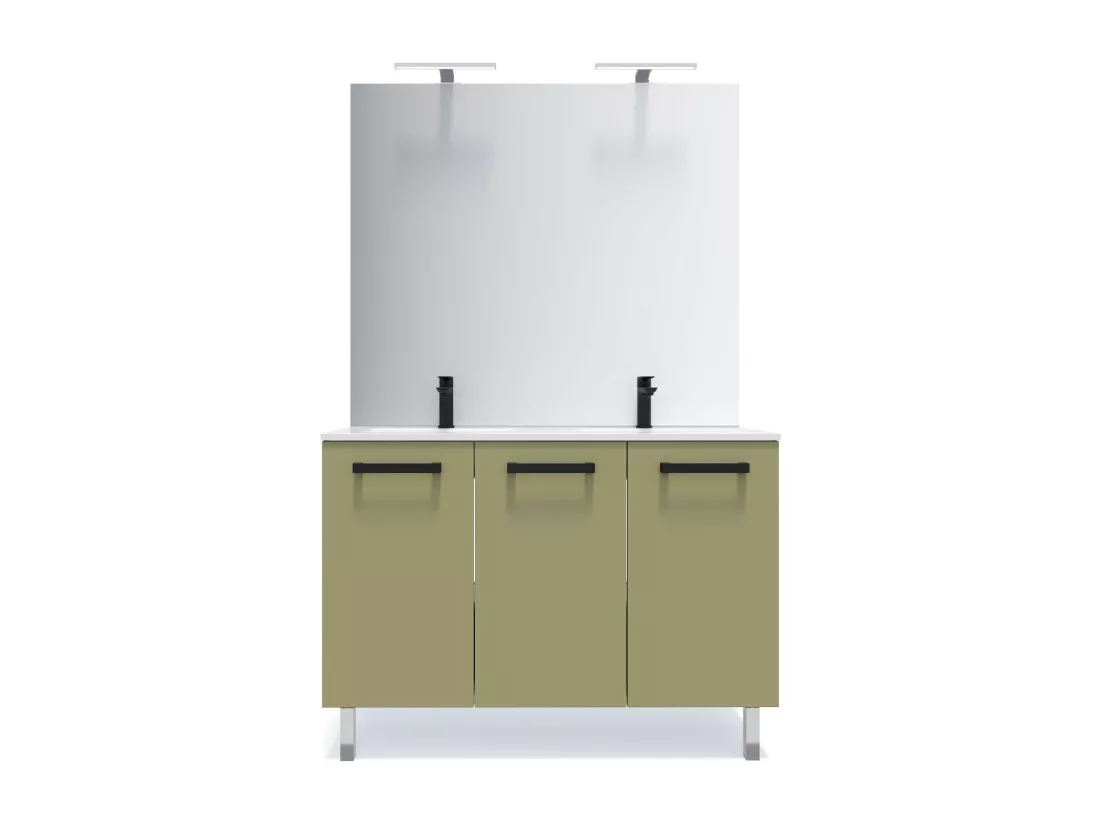 Meuble de salle de bain suspendu avec pieds double vasque intégrée 120cm 3 portes Vert olive - Chelsea
