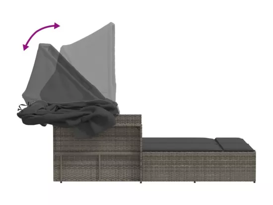 Chaise longue double et auvent et coussins gris résine tressée