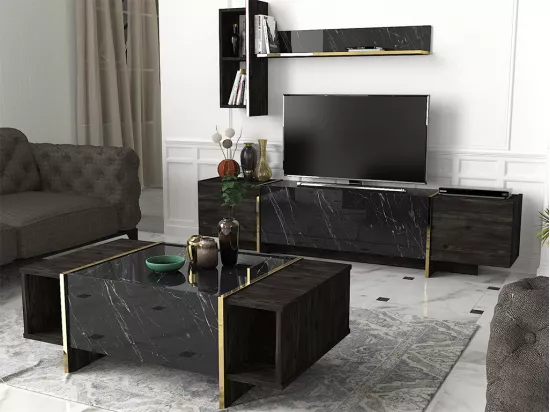 Table basse avec 1 porte et 2 niches - Effet marbre noir, naturel foncé et doré - CADEBA II