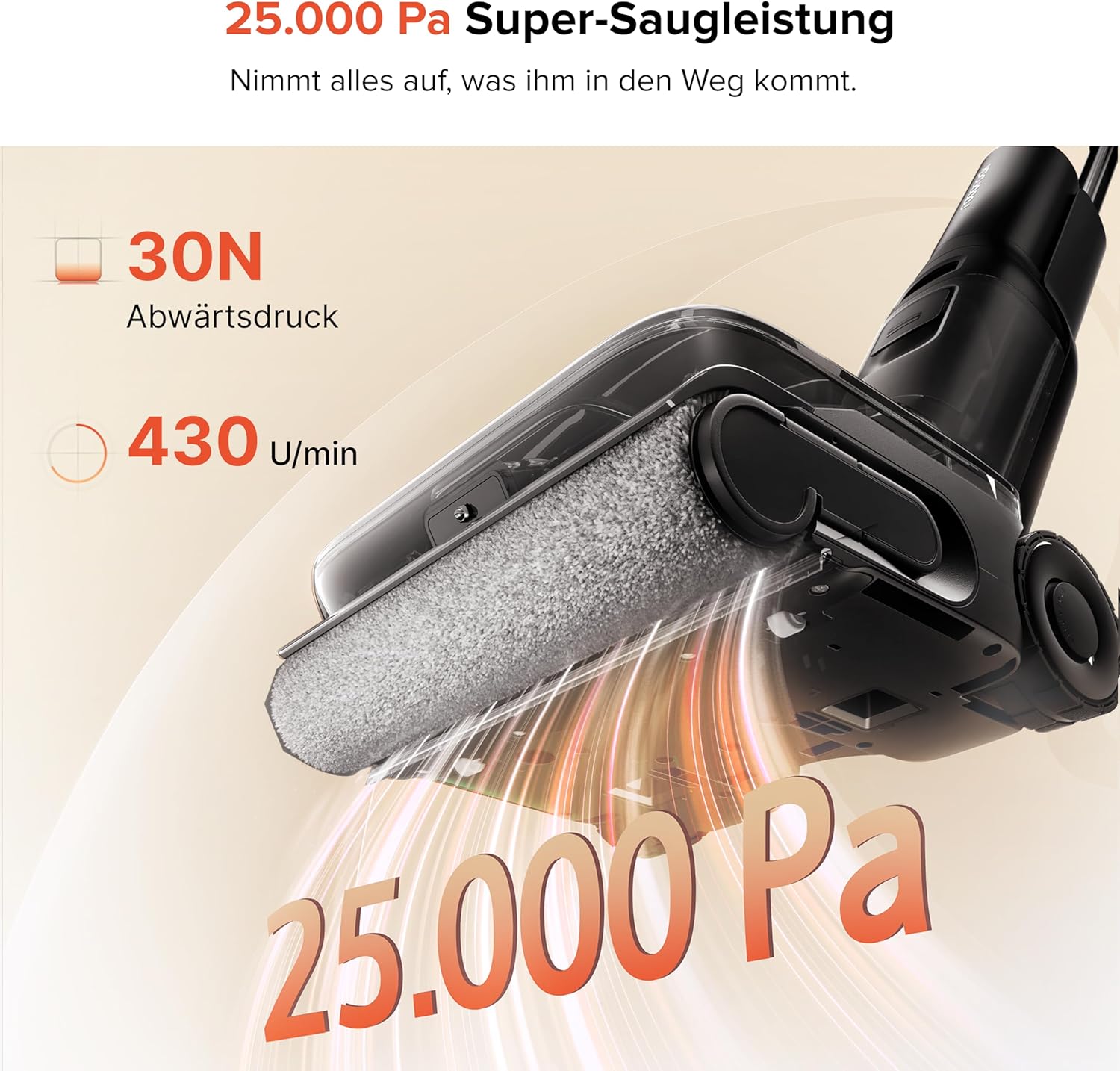 roborock F25 ACE Pro Nass-Trockensauger, 25000Pa, JetFoaming gegen Flecken, Anti-Haar-Verwicklung, 180° Flach-Design, Heißwasser-Selbstreinigung & Heißlufttrocknung