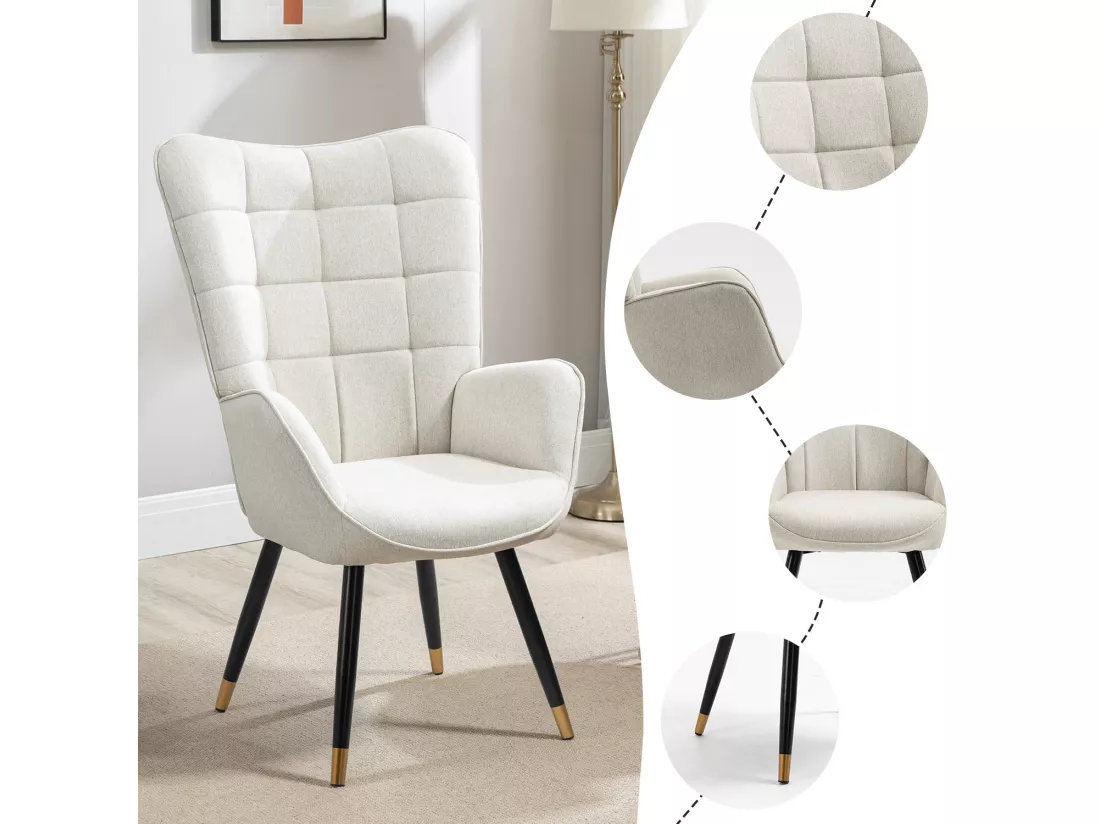 MEUBLES COSY Fauteuil Scandinave Confortable Chaise de Coiffeuse Canapé de Loisirs pour Salon Chambre Salle à Manger Bureau avec Assise Épais Accoudoirs Rembourés en Tissu Pieds Métal, Beige