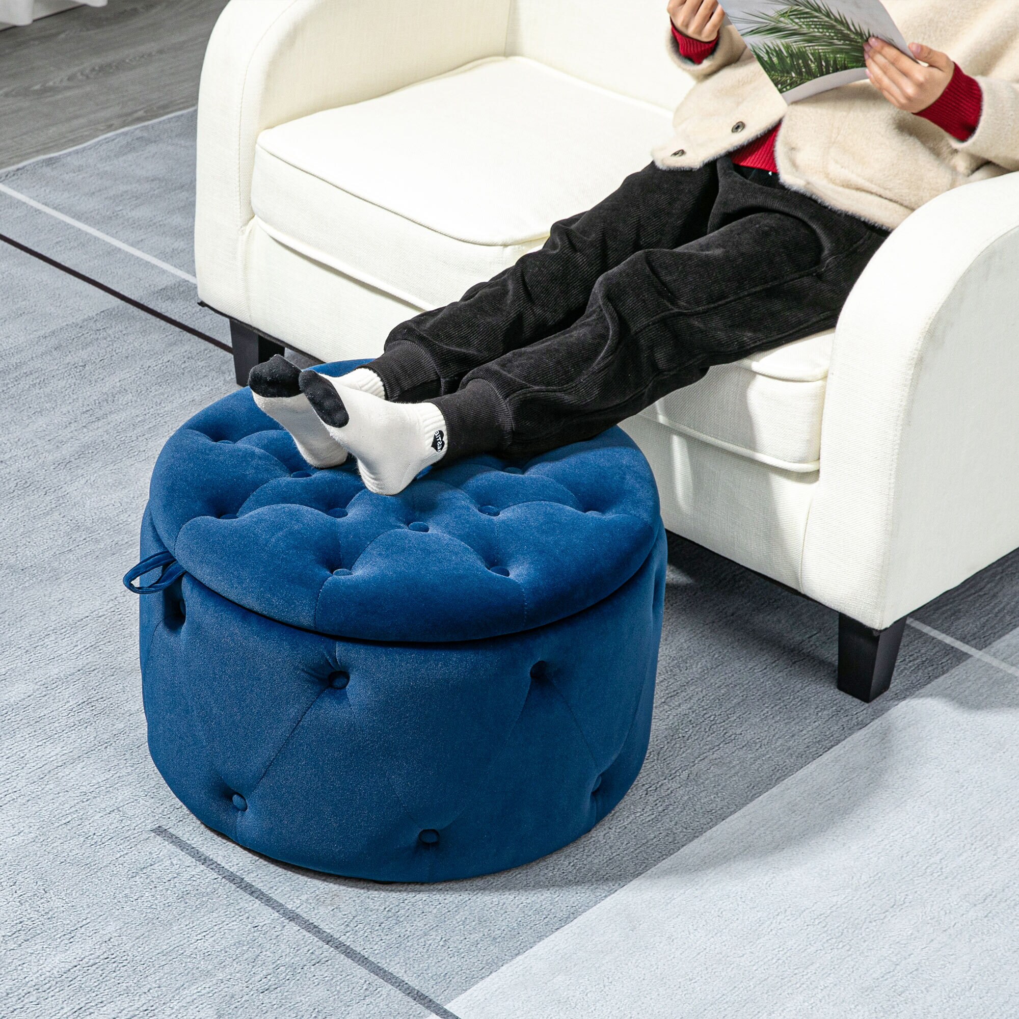 HOMCOM Ottomane mit Stauraum blau Ø60 x 40H cm
