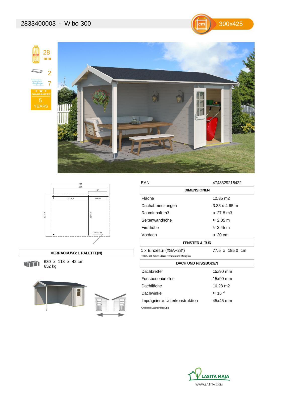 Gartenhaus WIBO - lichtgrau - Fichte massiv - 425/144x300 cm