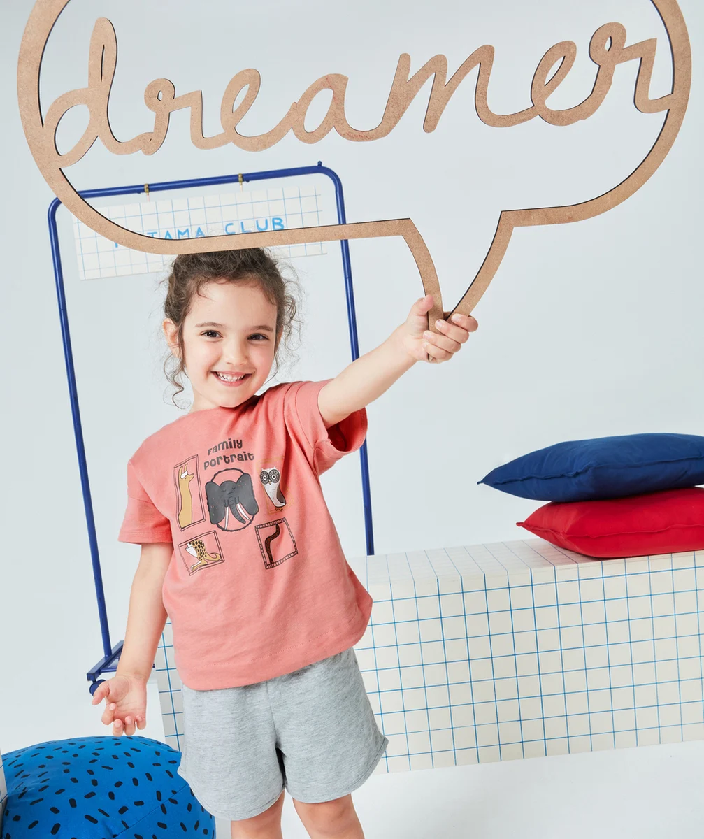 PYJAMA FILLE EN COTON BIO ROSE ET GRIS FAMILY PORTRAIT