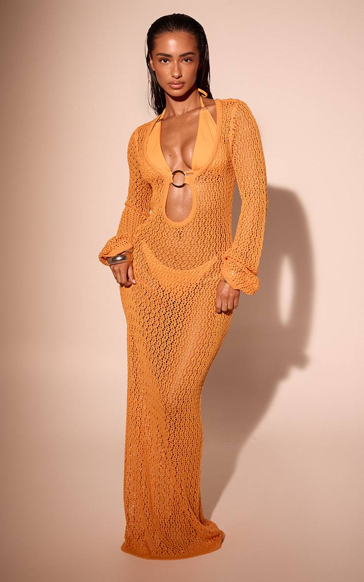 Orange Robe De Plage Maxi En Crochet Avec Anneau O