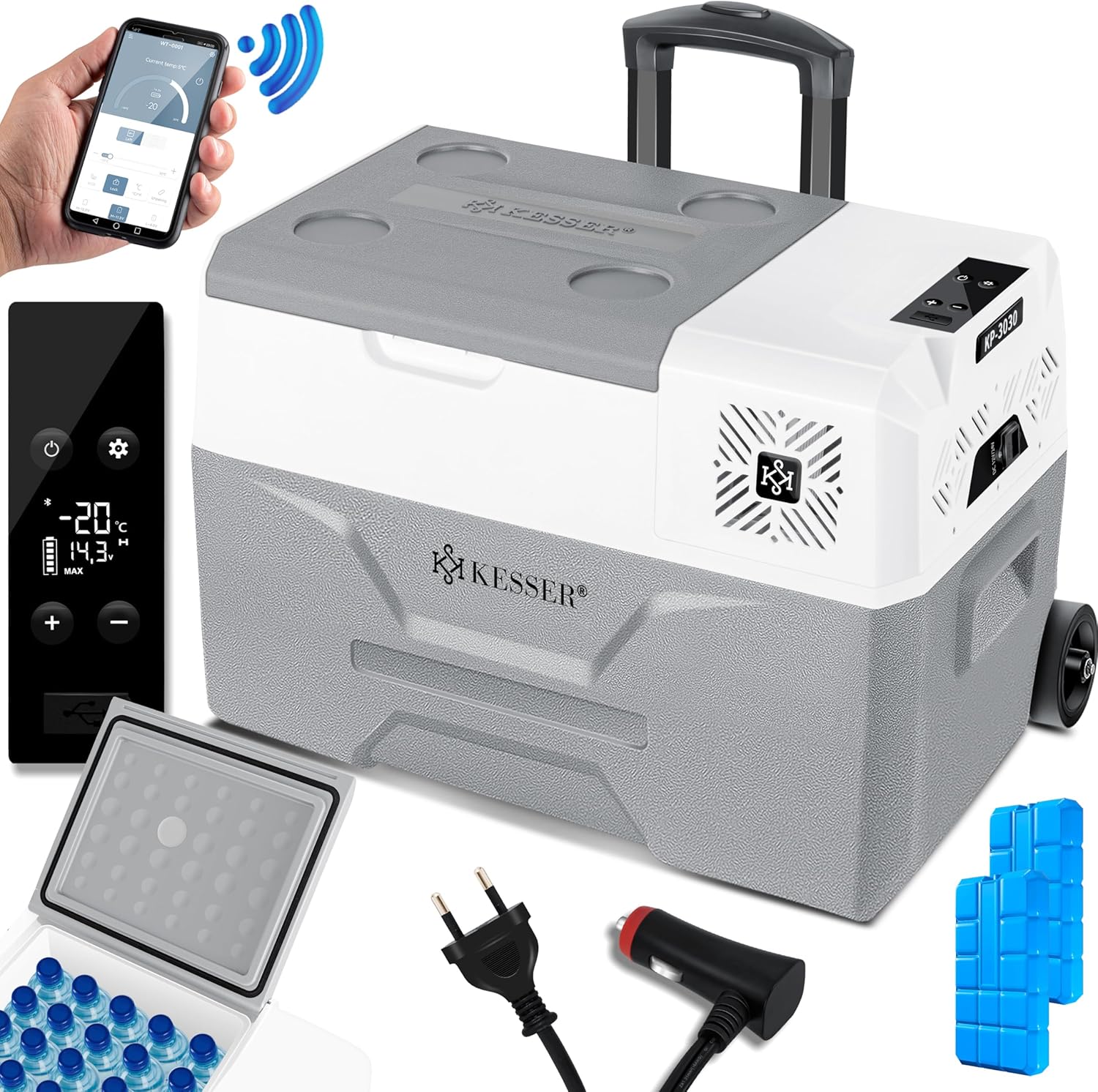 KESSER® Kompressor Kühlbox elektrisch Gefrierbox, 30 Liter Mit APP-Steuerung USB-Anschluss 12/24 V 230V, +Teleskopstange, 2x Kühlakkus Räder Kühlschrank Kühlung bis -20 °C für Auto, Lkw, Boot