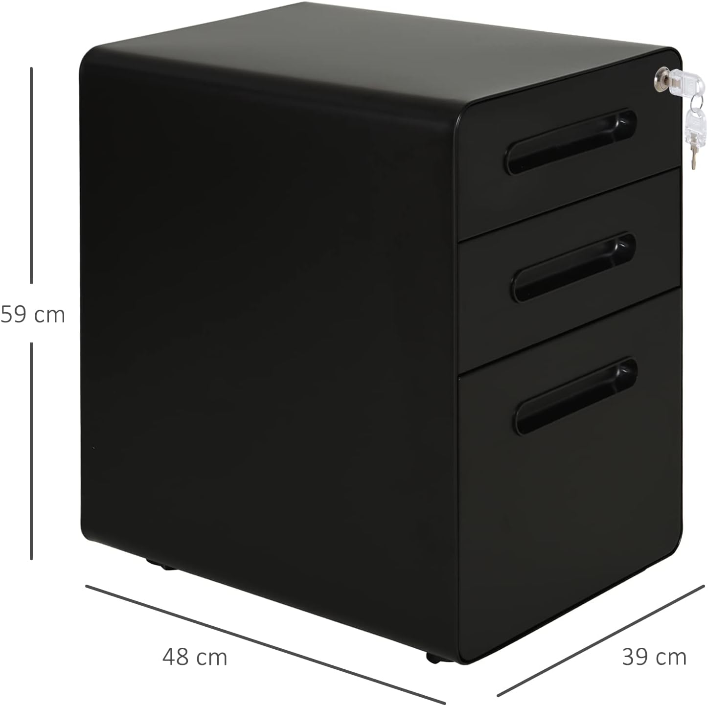 Vinsetto Rollcontainer mit 3 Schubladen mobiler Aktenschrank mit Rollen abschließbar Büroschrank mit Hängeregistratur Stiftfach, Bürocontainer Schreibtisch Unterschrank für Büro 39x48x59cm Schwarz PG2164341