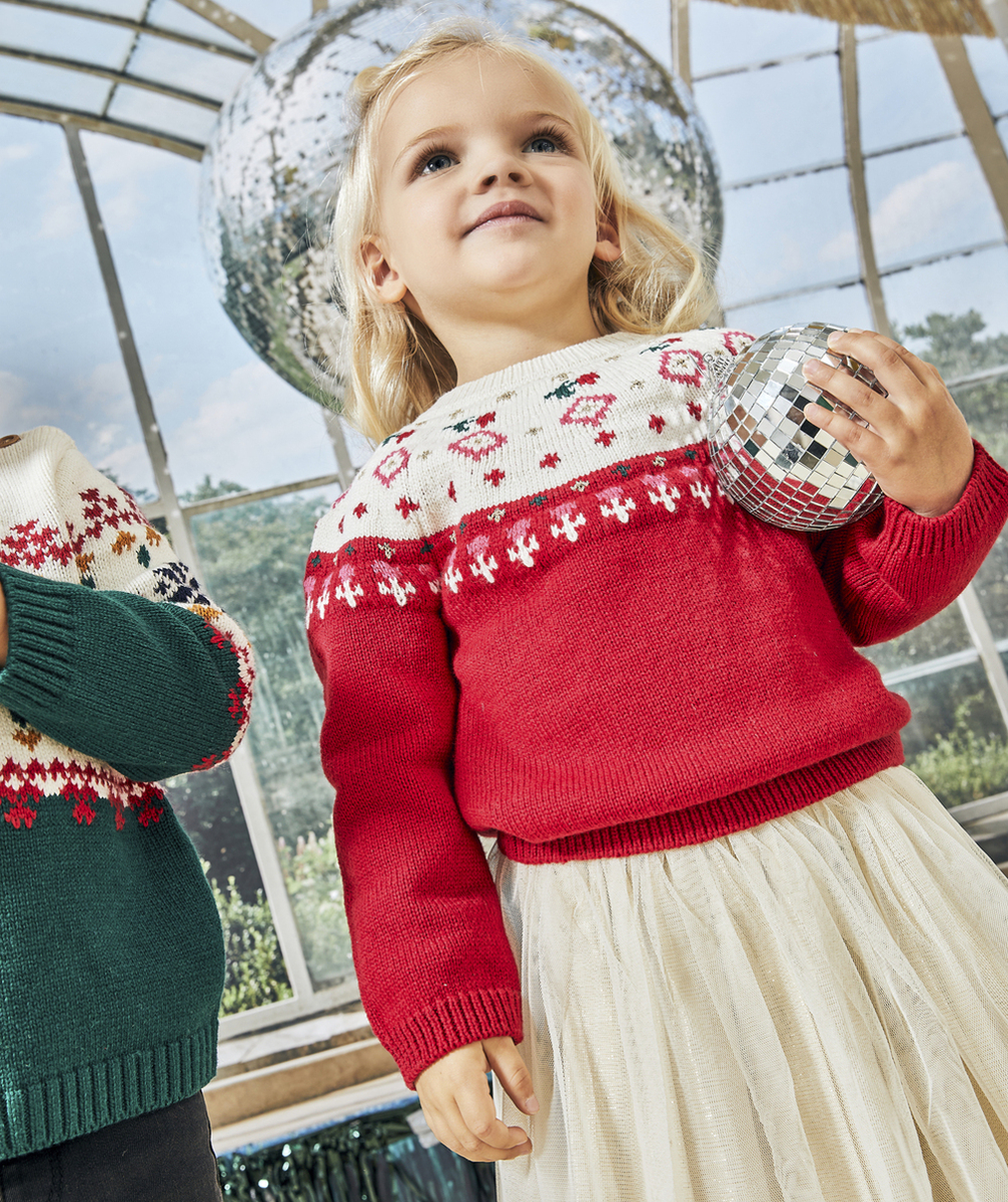 PULL DE NOËL EN TRICOT BÉBÉ FILLE ROUGE ET ÉCRU