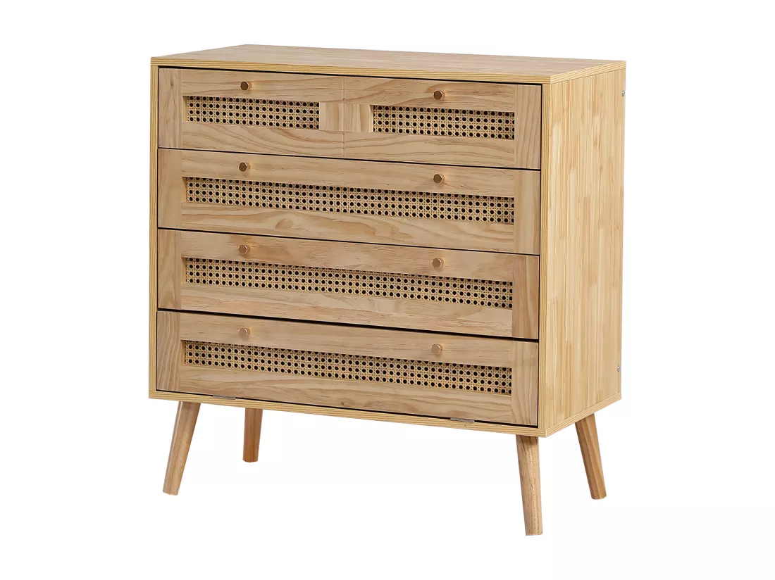 Commode avec 3 tiroirs et 1 compartiment abattant - en bois et rotin - Naturel