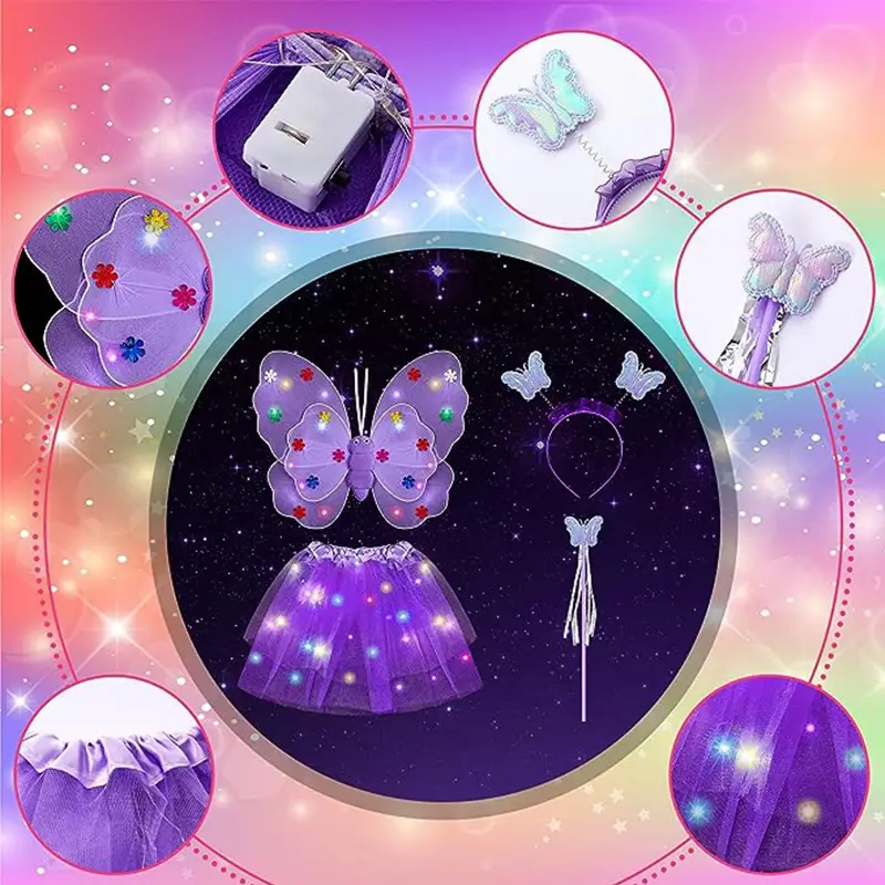 (4-tlg. Set) LED Fasnachts Kinder Kostüm Feen Verkleidung für Motto Partys mit Flügel / Zauberstab / Tüllrock (inkl. LR44 Batterien) - Blau
