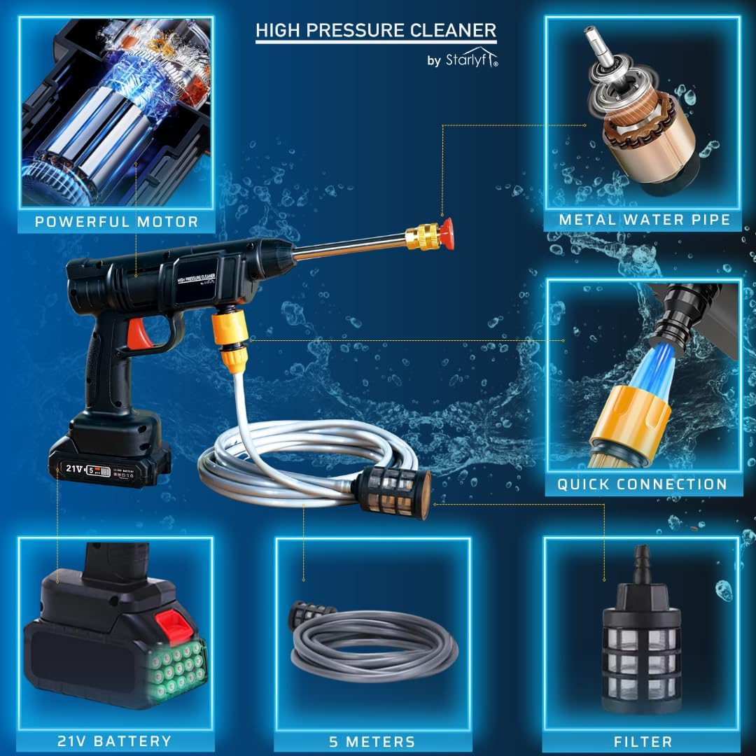 (75W) High Pressure Cleaner Kabelloser Hochdruckreiniger Tragbarer Multifunktions Reiniger inkl. 5m Schlauch (VHGSLCIND0480) - Schwarz