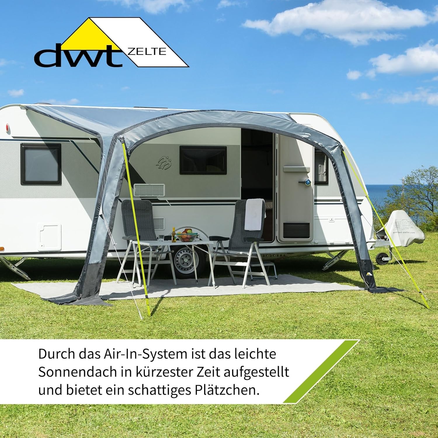 DWT aufblasbares Sonnendach für Wohnwagen - Sunny Air - inkl. 1 x Vorder- und 2 x Seitenwand - 300/400 cm x 250 cm Tiefe - Air-In-System, Breite x Tiefe:300 x 250 cm