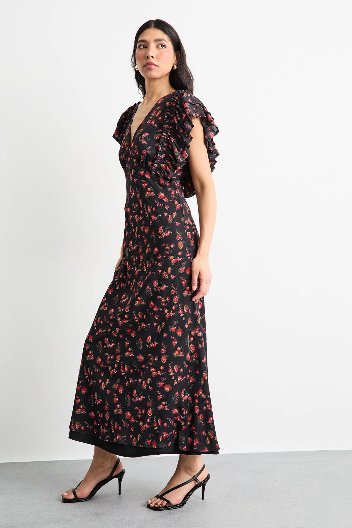 Warehouse Robe Maxi À Col En V Avec Manches À Volants Et Imprimé Floral