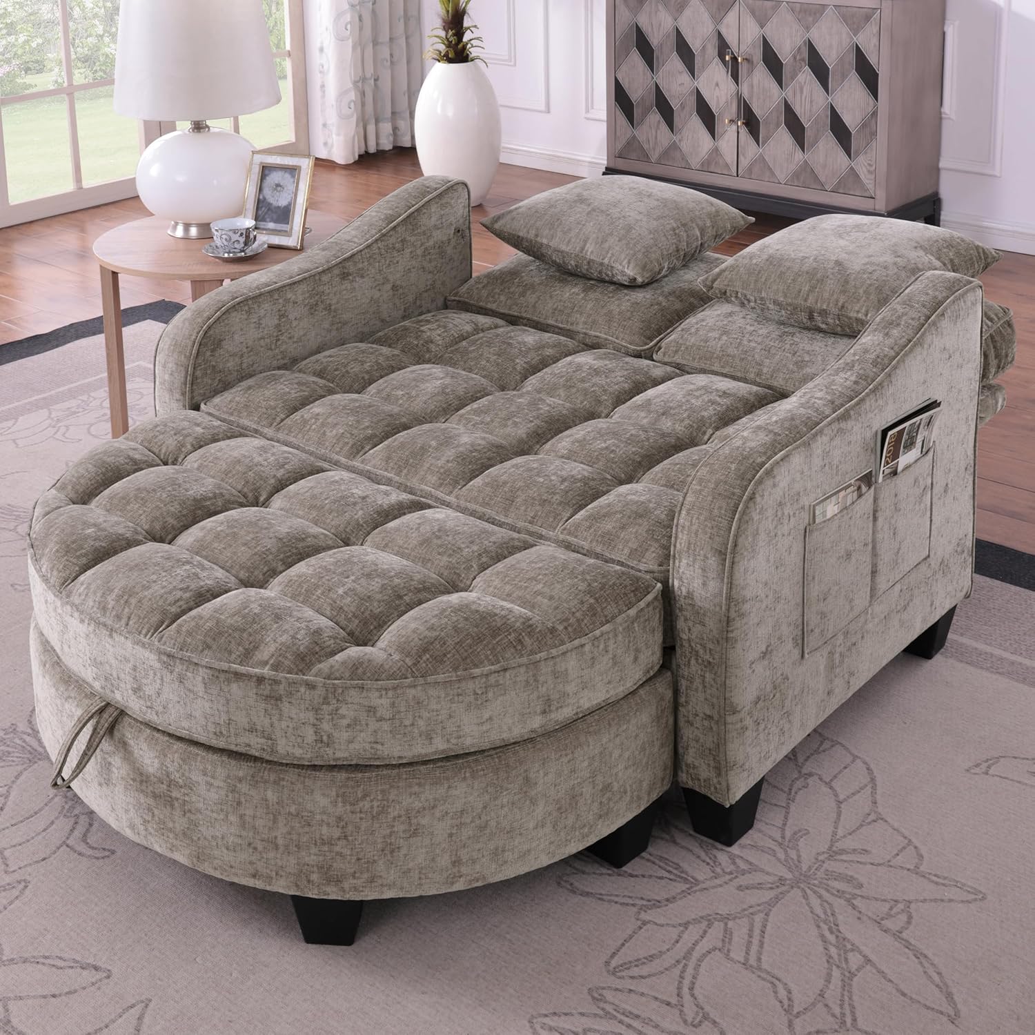 Sofa mit Schlaffunktion, 2-in-1 Schlafsofa, Modulares Sofa, Aufbewahrungs-Hocker & 4 Kisse, für Kleine Wohnzimmer, Studienzimmer, Schlafzimmer, 132×129×93cm (Braun)