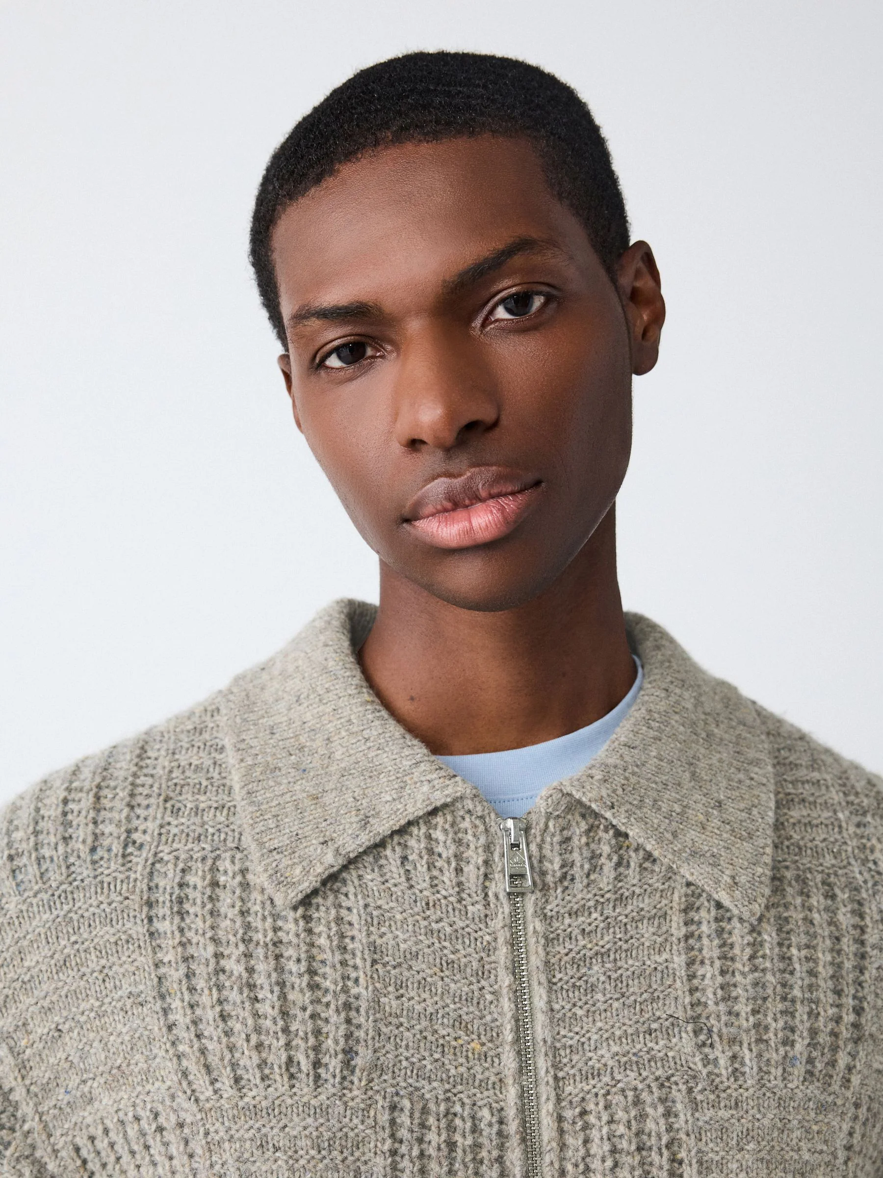 Neutraal - Relaxed Fit Checkerboard Textured Knit Zip Through Collared Cardigan with Wool