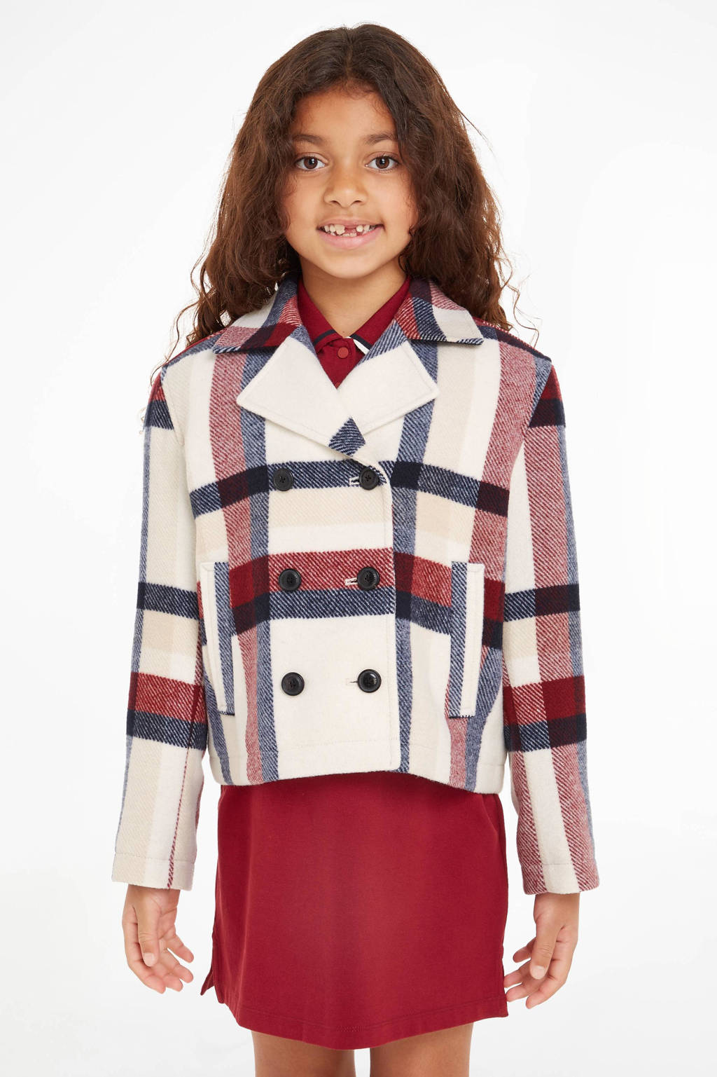 Tommy Hilfiger geruite coat van polyester ecru/rood/donkerblauw