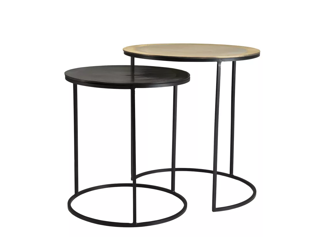 JONAS - Set de 2 tables d'appoint gigognes rondes aluminium doré et noir - pieds ronds métal noir