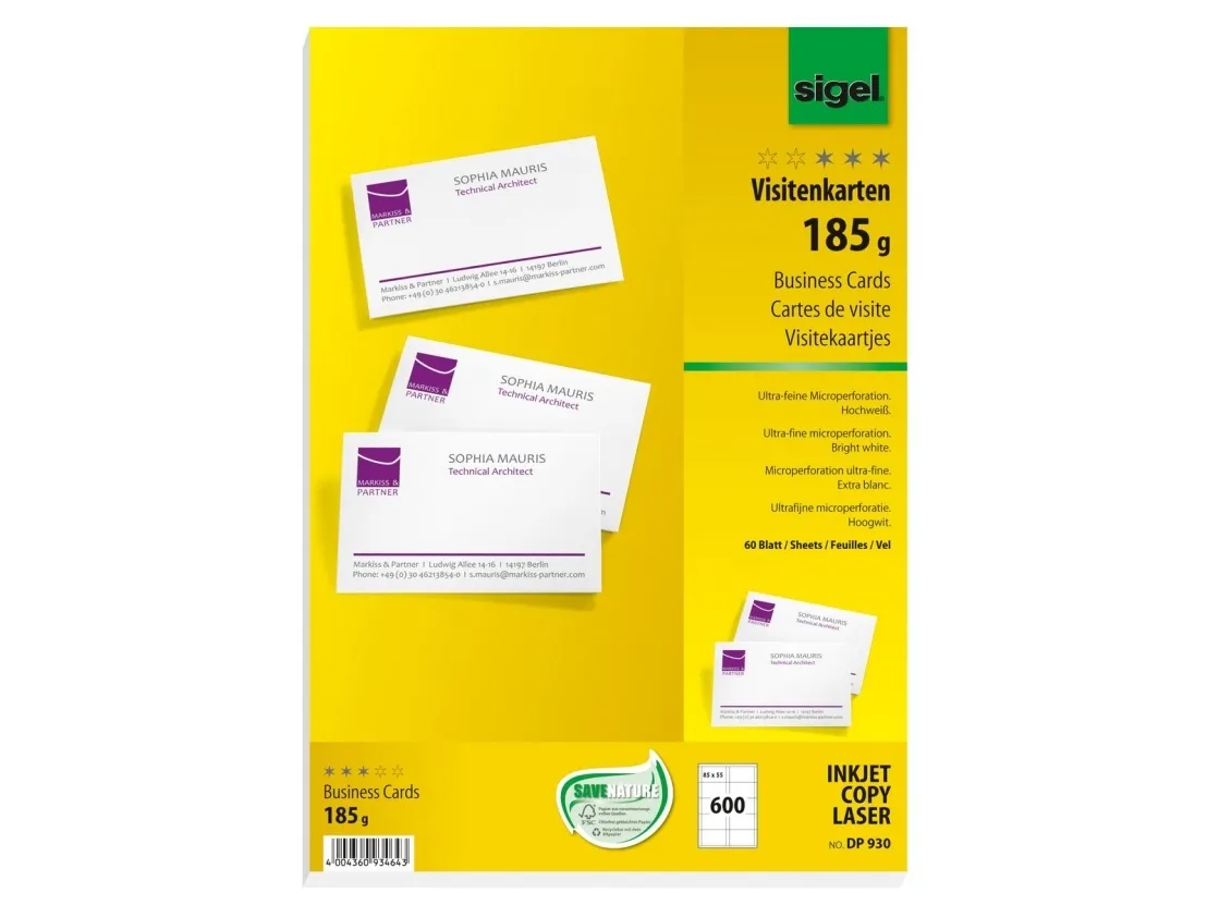 Sigel - Mikroperforeret - skinnende hvid - 85 x 55 mm - 185 g/m² - 600 kort (60 ark x 10) visitkort