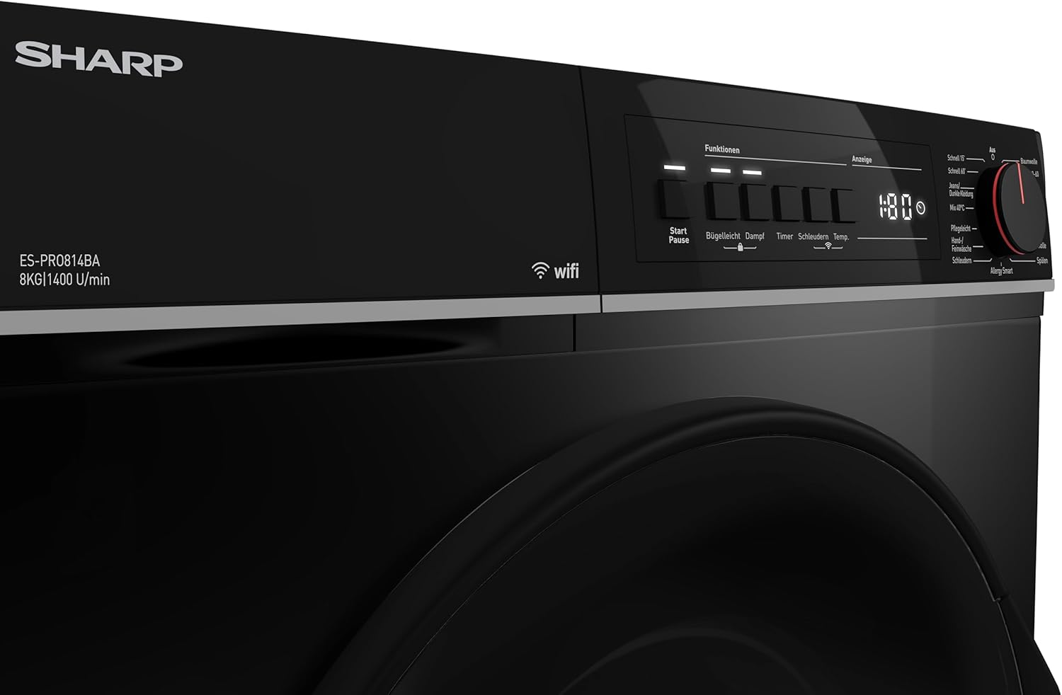 SHARP ES-PRO814BA-DE Waschmaschine Frontlader, 8kg, 1400U/min, Smarte Bedienung durch Veezy App, Dampffunktion, Inverter, 15 Programme, AquaStop, Schwarz