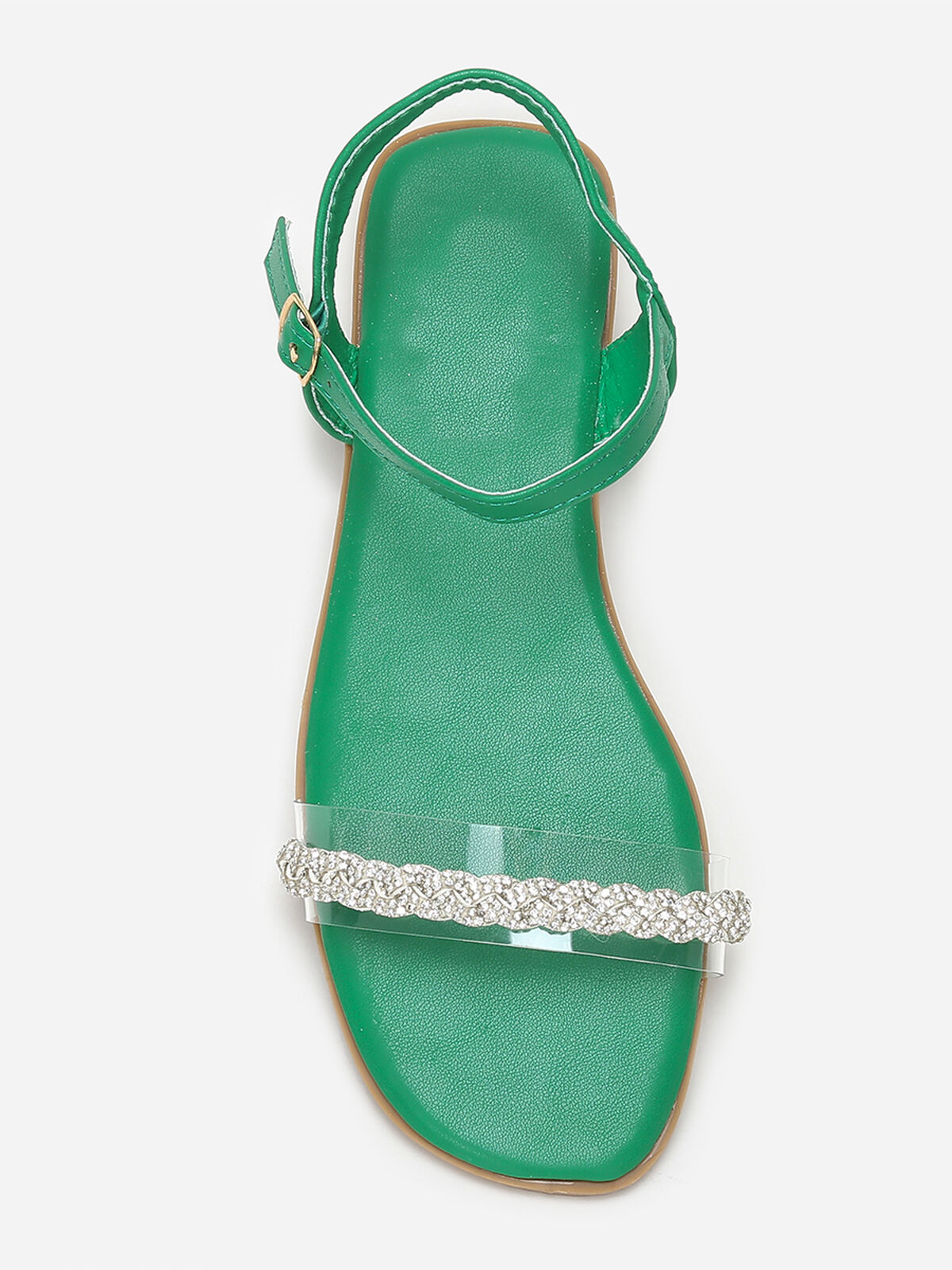 Sandales plates à bride transparente et strass- Vert