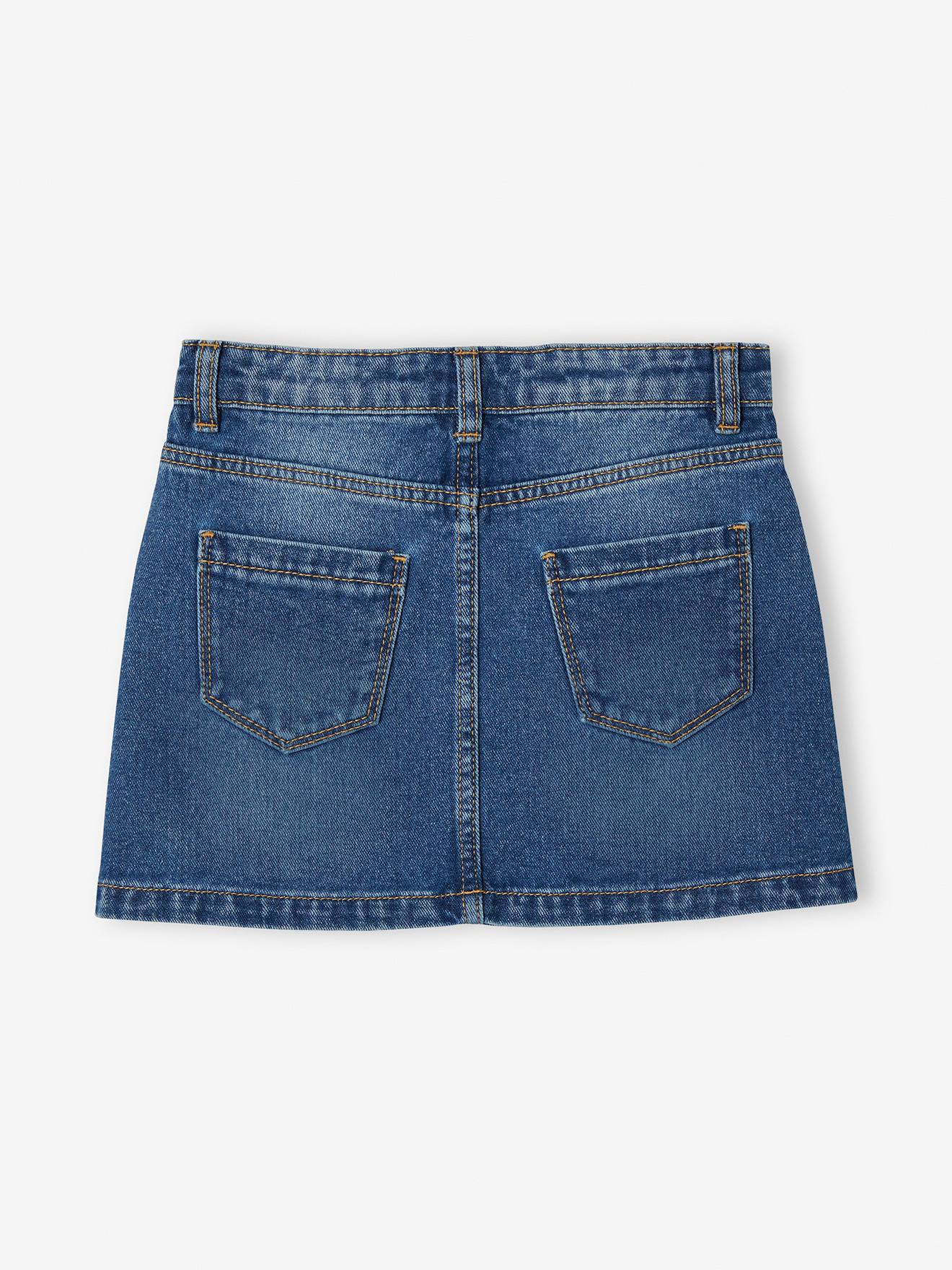 Saia trapézio em jeans, para meninas, lavagem azul escura