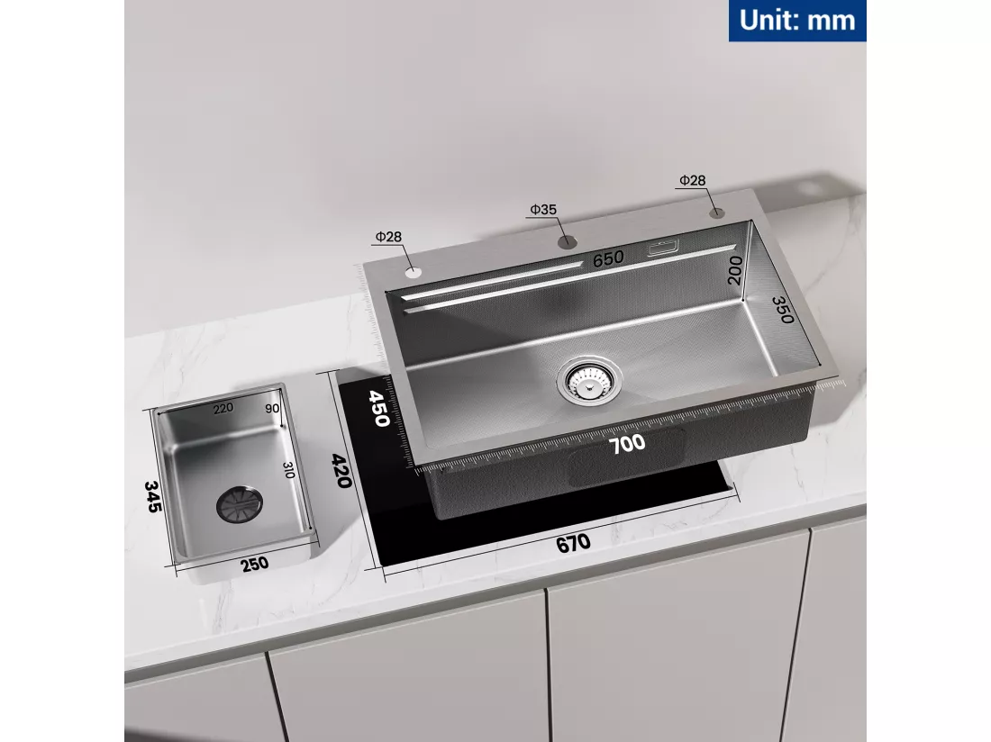 Cecipa max Évier 1 Bac 70×45CM Évier Inox Argent avec Egouttoir + Vasque + Distributeur de Savon (Montage sur le Dessus/Montage à Plat),EU Modèle