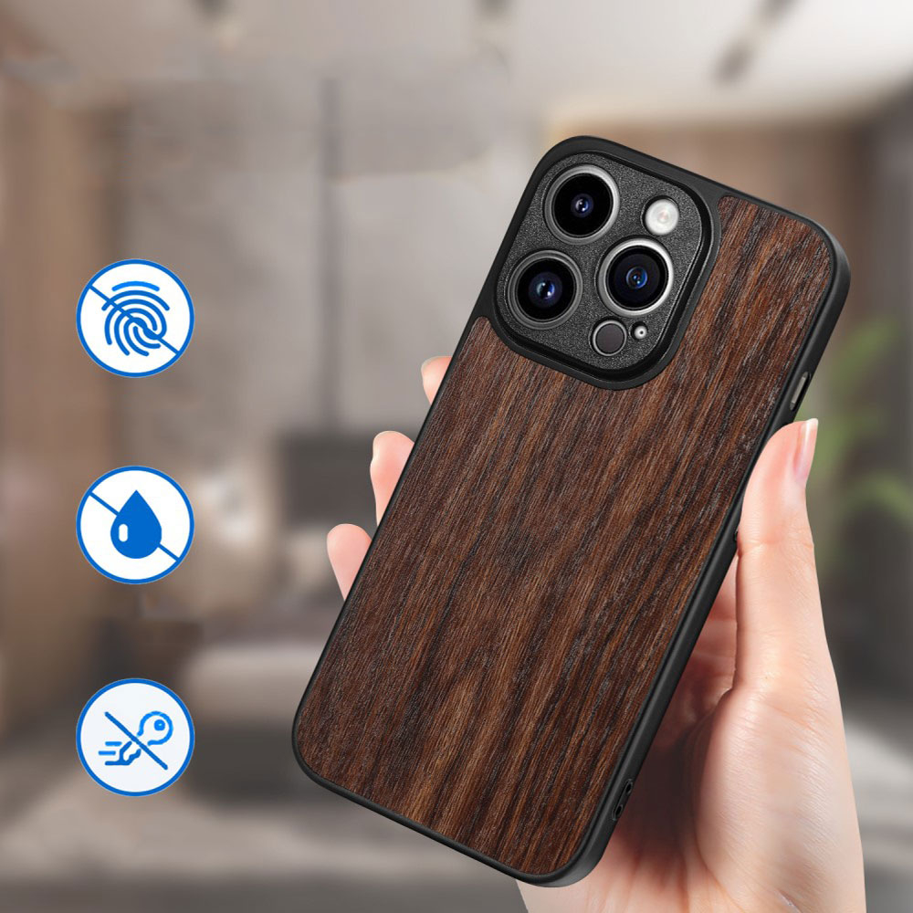 iPhone 15 Pro Hybrid Hardcase Hülle mit Leder Rückseite im Holz Design - Beige