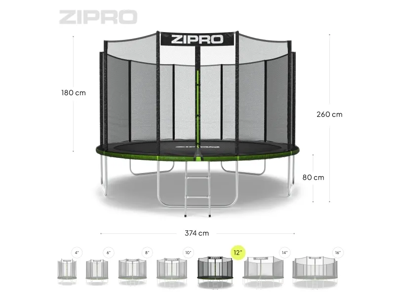 Zipro Trampolin med eksternt net 12FT 374cm   skopose