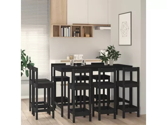 Ensemble de bar 9 pcs Noir Bois de pin massif