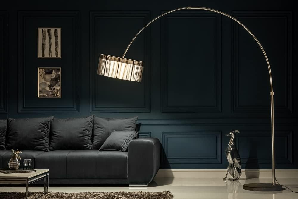 invicta INTERIOR Design Bogenleuchte EXTENSO Stoffschirm in schwarz Stehleuchte mit schwarzem Marmorfuß Bogenlampe Wohnzimmer Beleuchtung