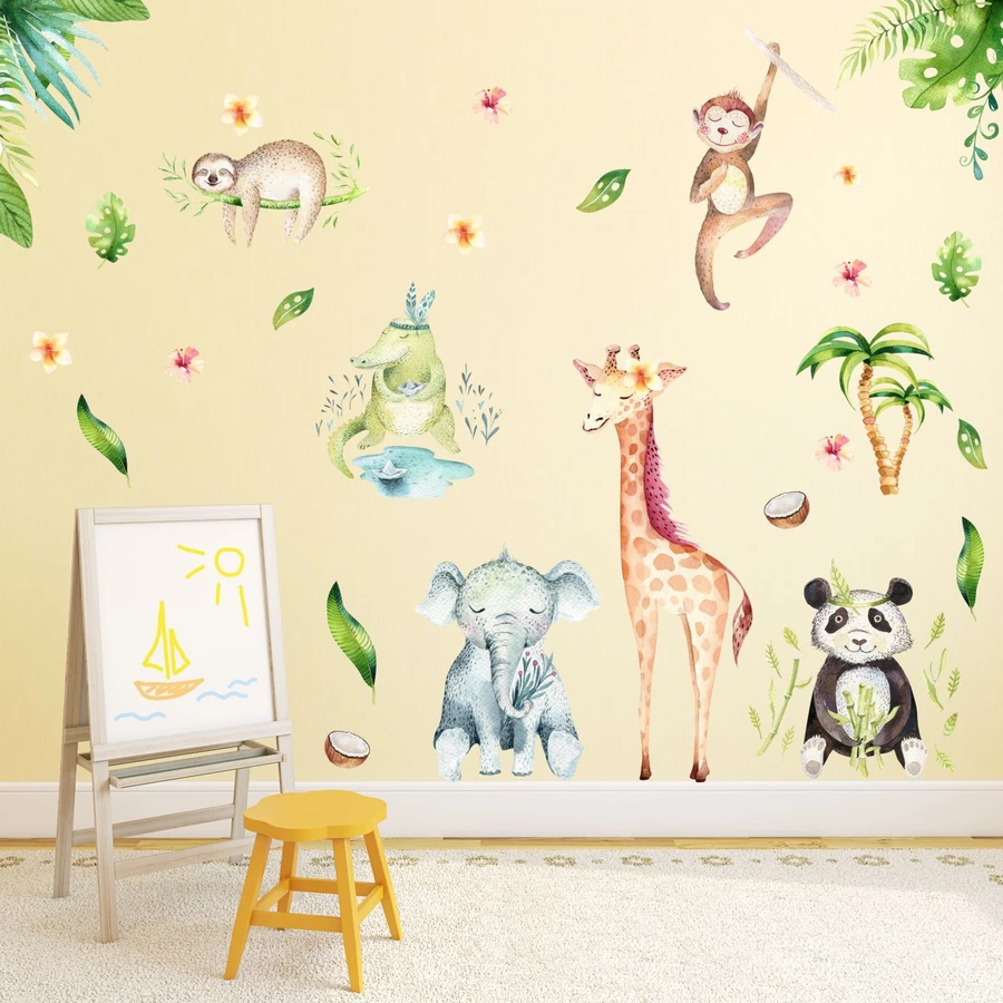 Nikima Wandtattoo 113 Wandtattoo Dschungeltiere Elefant Giraffe Panda Faultier Affe bunt