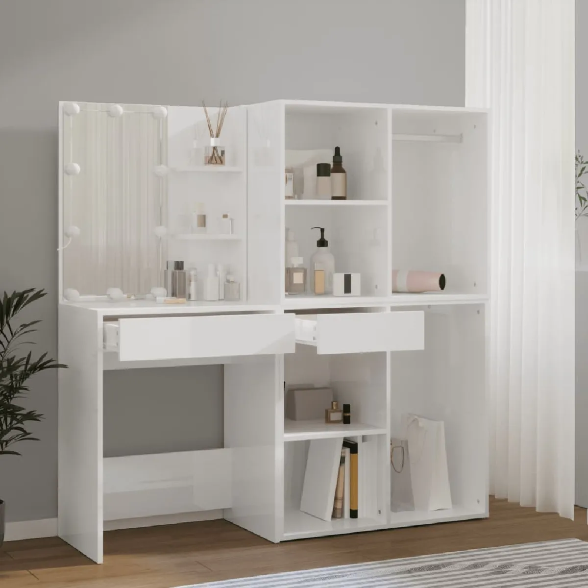 vidaXL Coiffeuse LED et 2 Armoires - Blanc Brillant