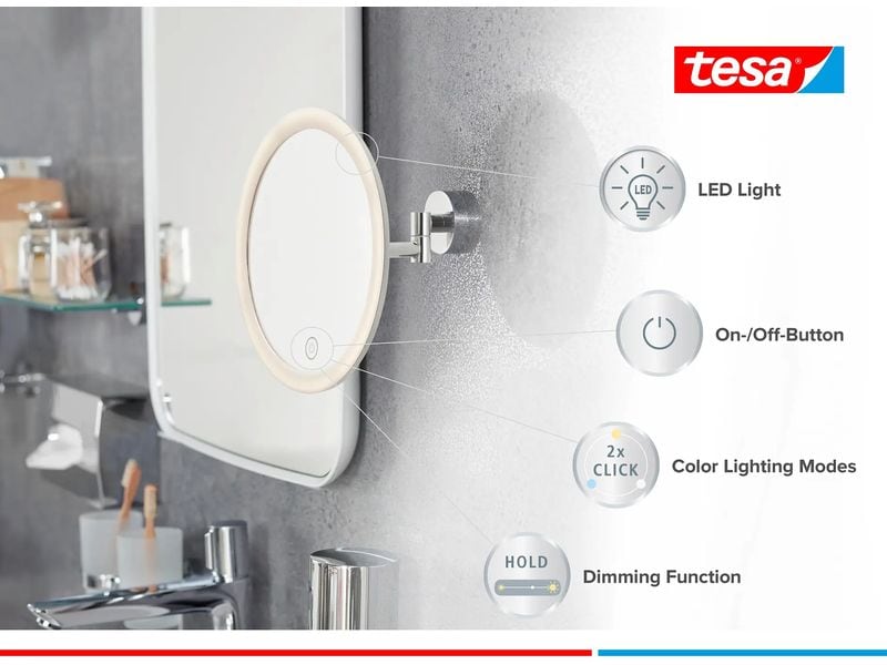 tesa Kosmetikspiegel Visioon LED, Chrom Runder Vergrösserungsspiegel mit LED-Beleuchtung, fünffacher Vergrösserungsfunktion für Details