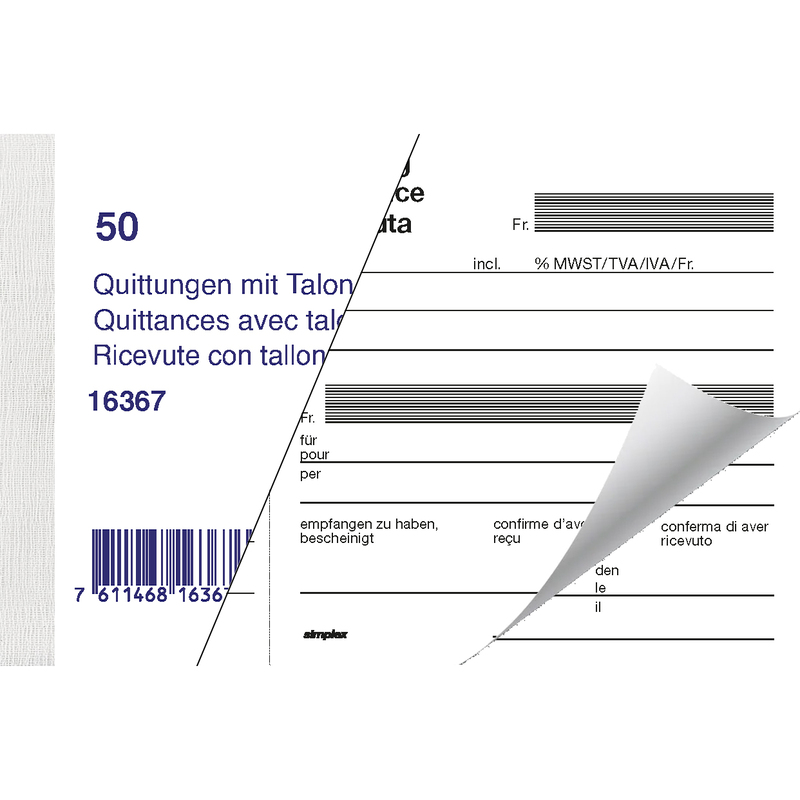 Simplex Quittungsblock 16367 (D/F/I), A6, weiss